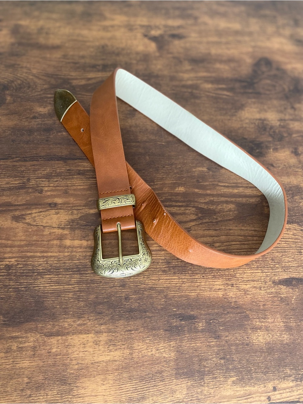 Women's Tan Leather Belt with Ornate Brass Buckle